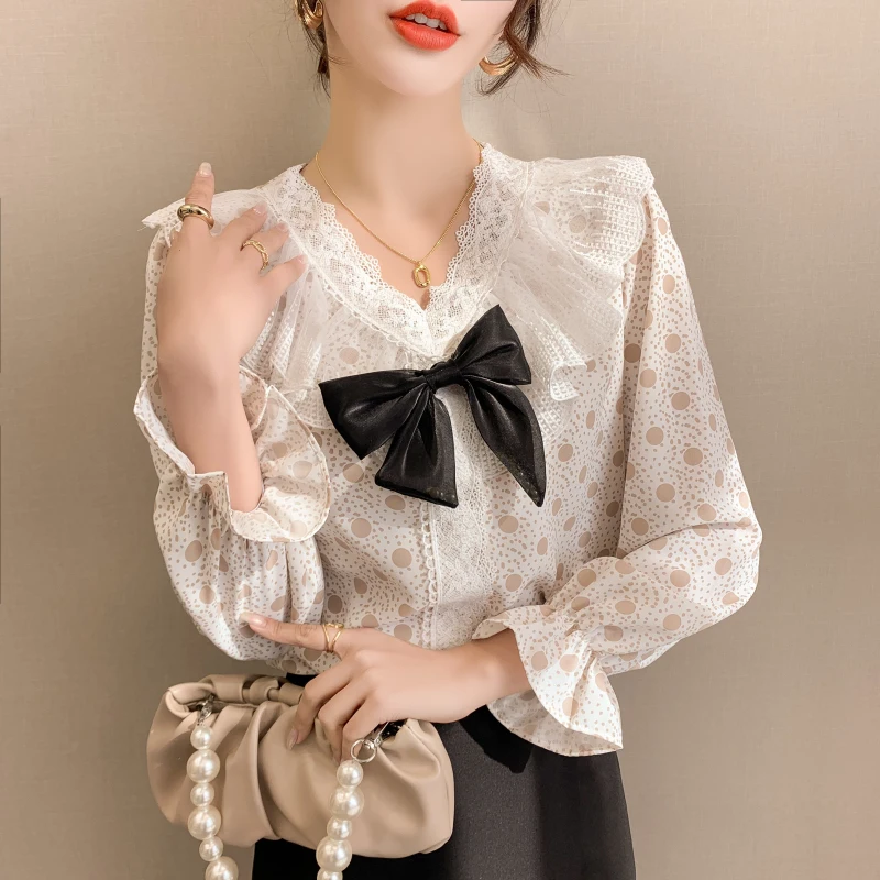 Luxury Polka Dot Blouse Women Autumn Chiffon Shirt Long Sleeve V Neck Lace Patchwork Tops Korean Chic Elegant Bow Tie Blouses