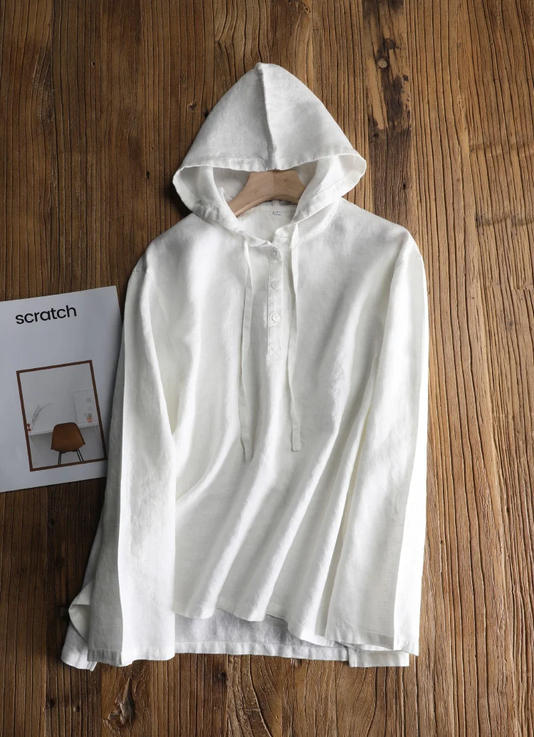 Pure linen hooded pullover shirt Women's long sleeved linen shirt 080301