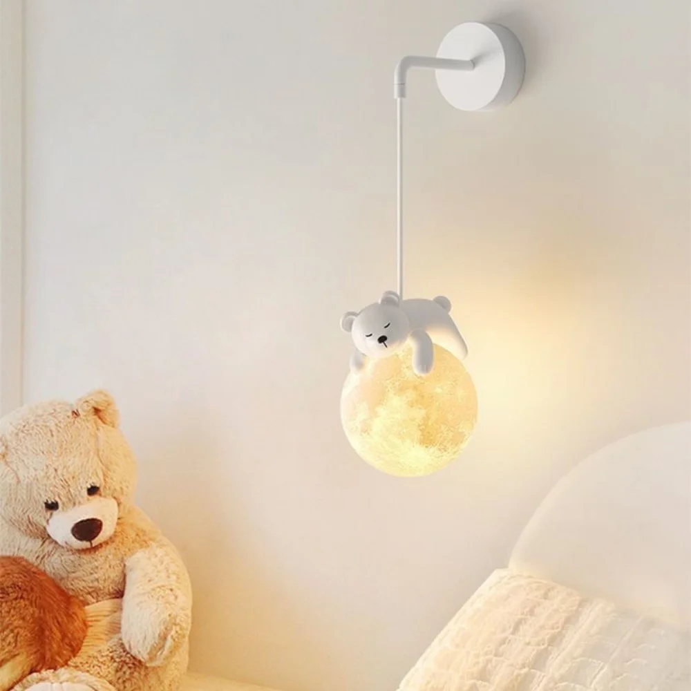 Cute Animal Wall Lamp White Rabbit White Bear Moon Wall Lamp Children's Room Boy Girl Bedroom Bedside Baby Room Decor Wall Light