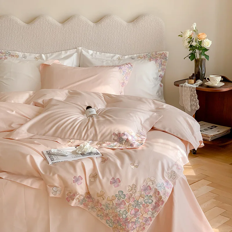

French light luxury 120S long-staple cotton girl wind cotton four-piece set small fresh flower embroidery soft quilt cover
