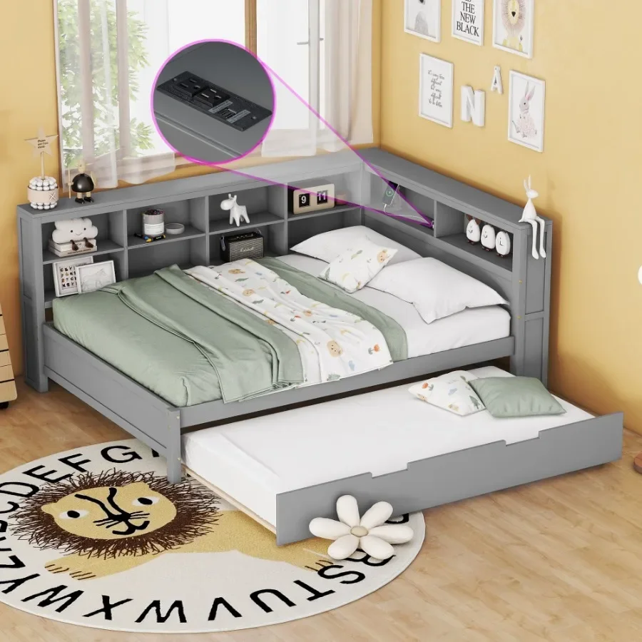 سرير نهاري خشبي كامل الحجم مع سرير نهاري مزدوج الحجم مع رف تخزين ومنفذ شحن USB باللون الرمادي