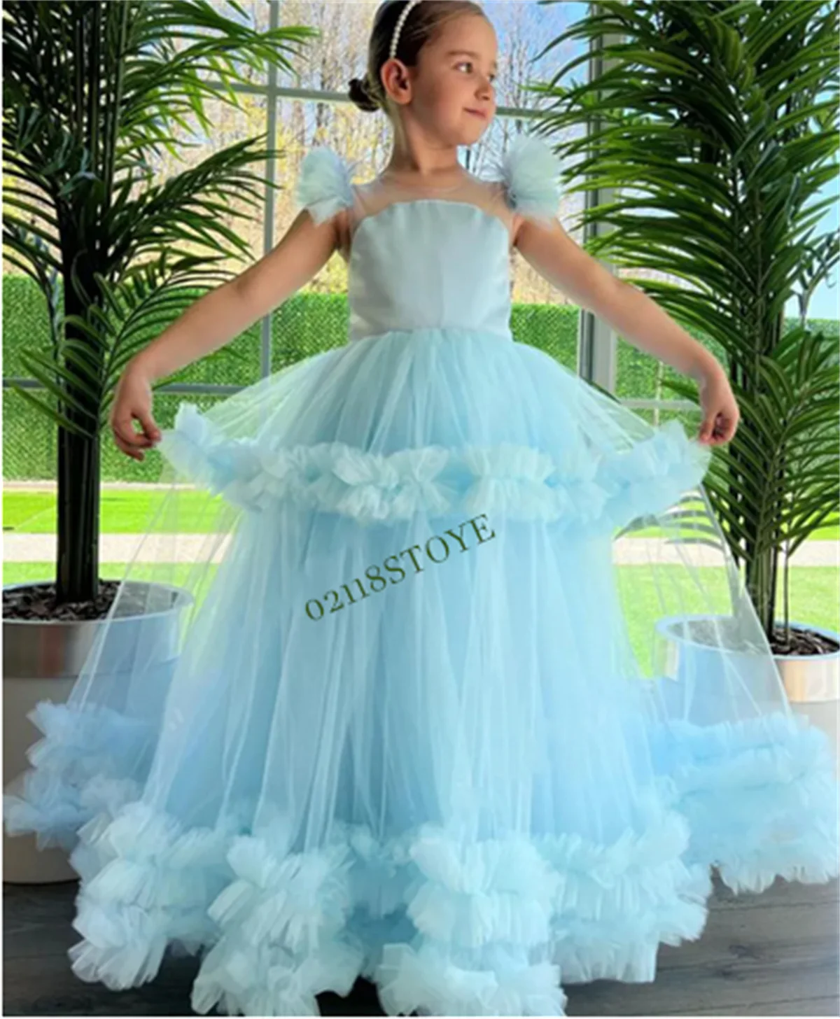 

Sky Blue A-line Flower Girl Dress for Wedding Sheer Neck Buttons Back Child Prom Pageant Gown First Communion Size 1-16T