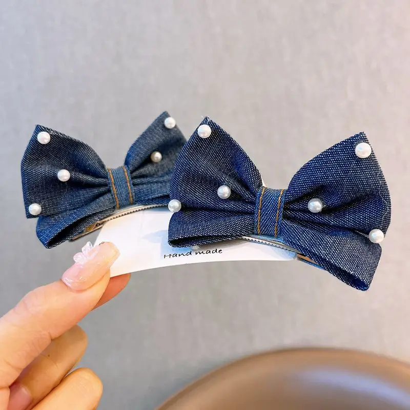 korean-denim-bow-three-dimensional-pair-clip-children's-pearl-cute-headgear-girls-versatile-hairpin-baby-hair-accessories