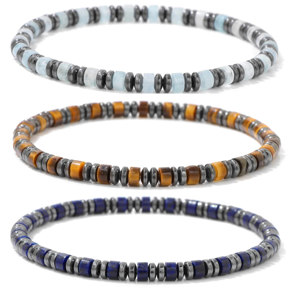 2x4mm Hematite Flat Beads Bracelet Tiger Eye Lapis Lazuli Aquamarines Bracelets for Women Men Slimming Weight Loss Jewelry