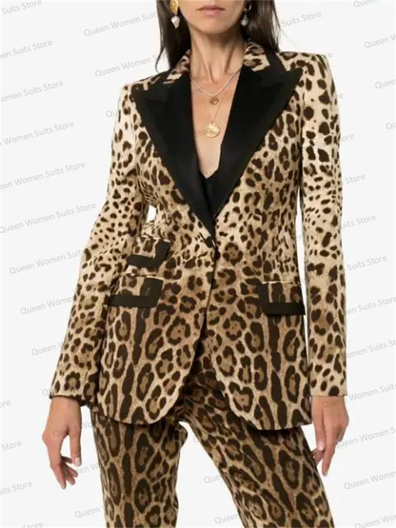 Conjunto de trajes de leopardo para mujer, chaqueta de 2 piezas + Pantalones rectos, vestidos de graduación de noche de diseñador, Blazer hecho a medida, abrigo