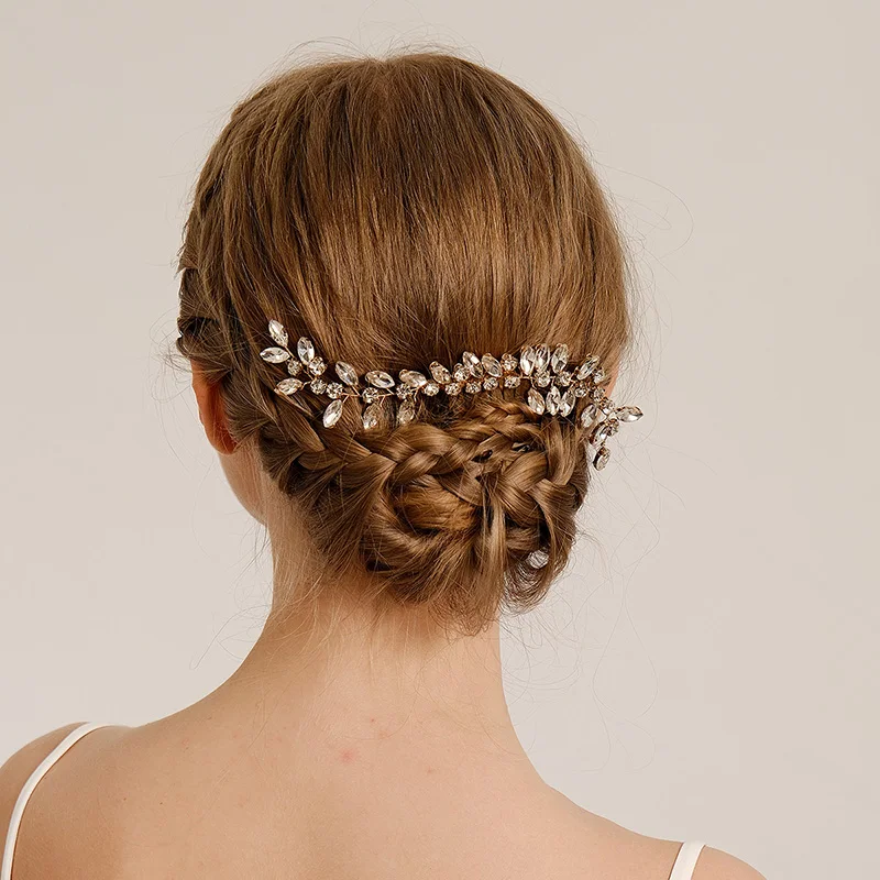 Luxury Gold Plated Rhinestone Hair Comb Simple Leafy Bridal Headdress  Jewelry Hair Clips Fine Headpieces Gift For Women