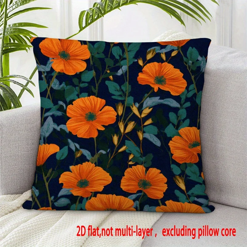 Premium Floral Poppies Pillowcase Cushion Cover Tropical Botanical Orange Blooms Decorative Throw Pillow for Sofa Bed Home Decor