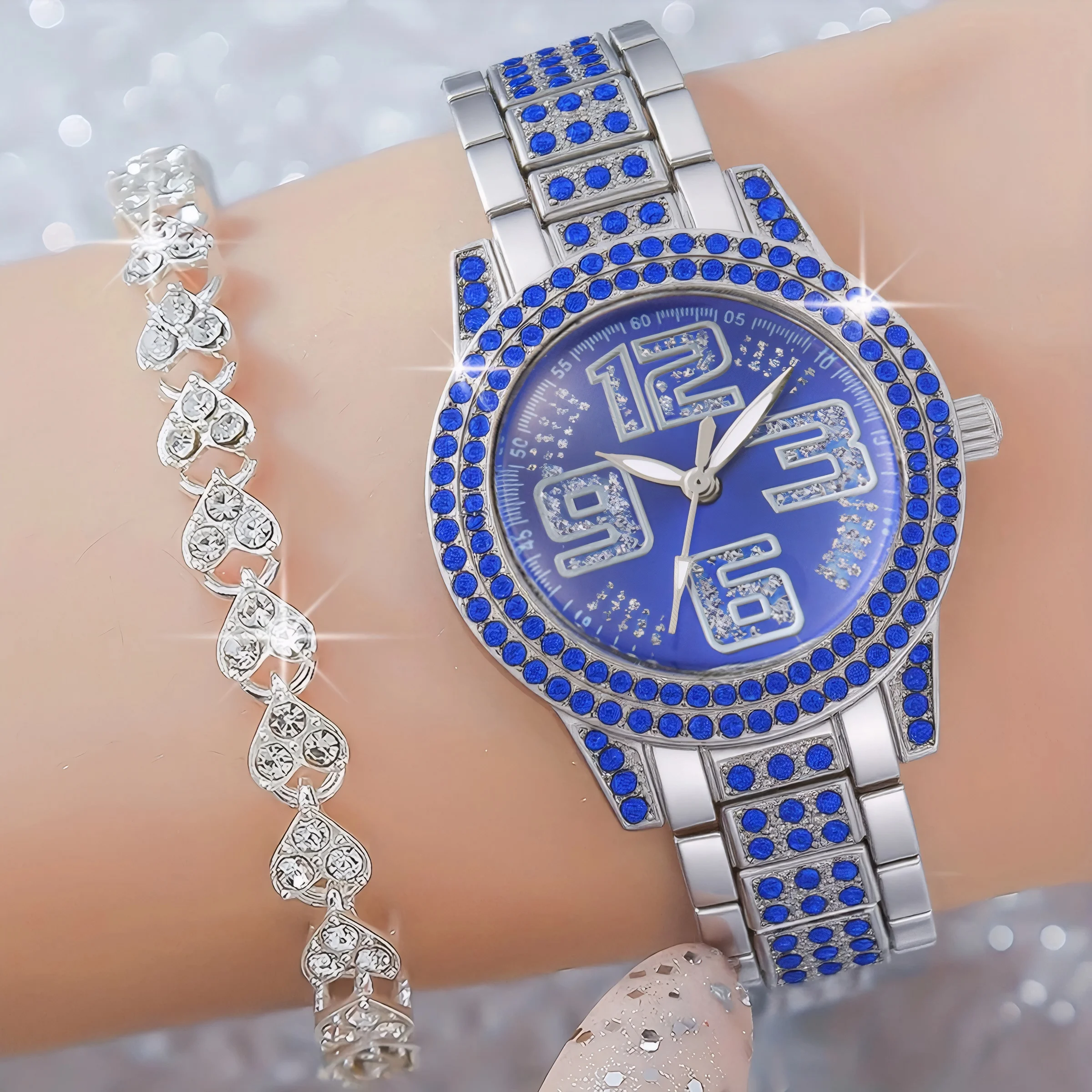 

2pcs/set-High-end Elegant Ladies Quartz Watch with Rhinestone Bracelet Jewelry Set-ladies Gifts