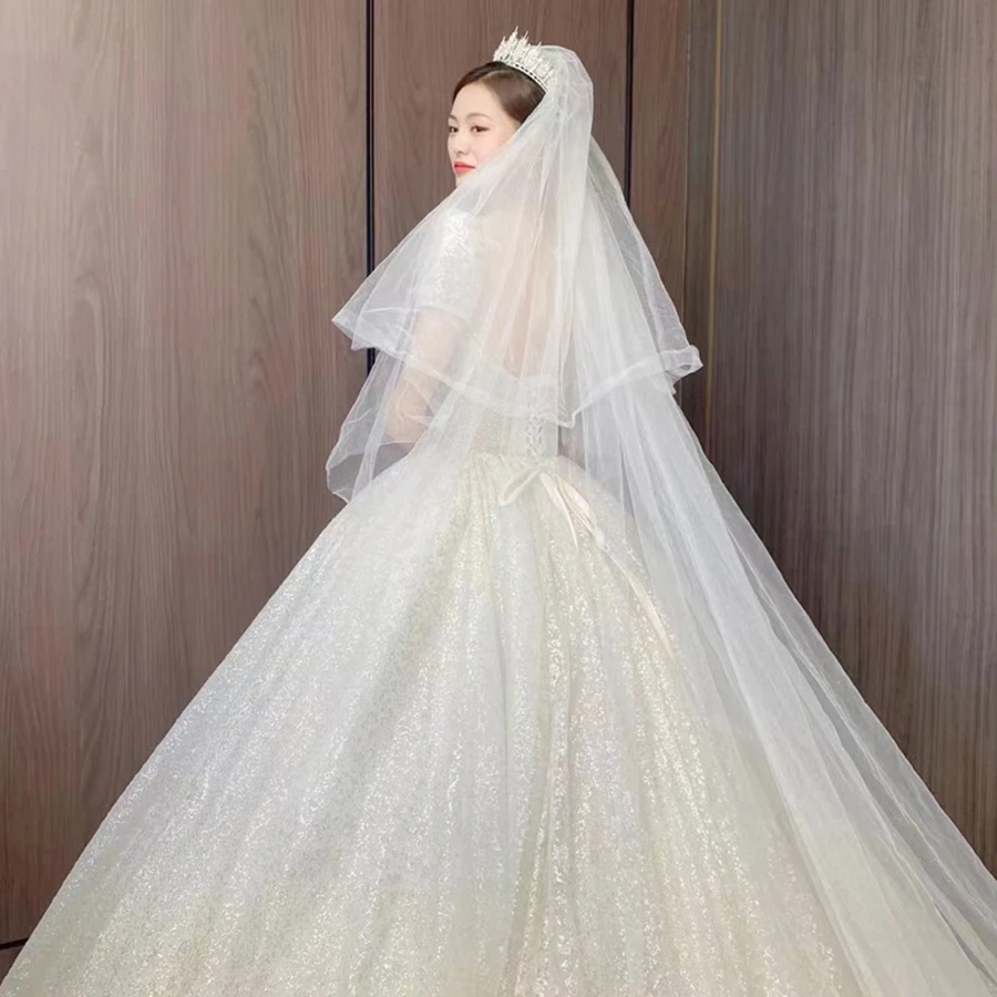 新着アイボリー大聖堂ウェディングベールカットエッジソフトチュール二層ブライダルベール花嫁-vestidos-de-novia-ウェディングアクセサリー