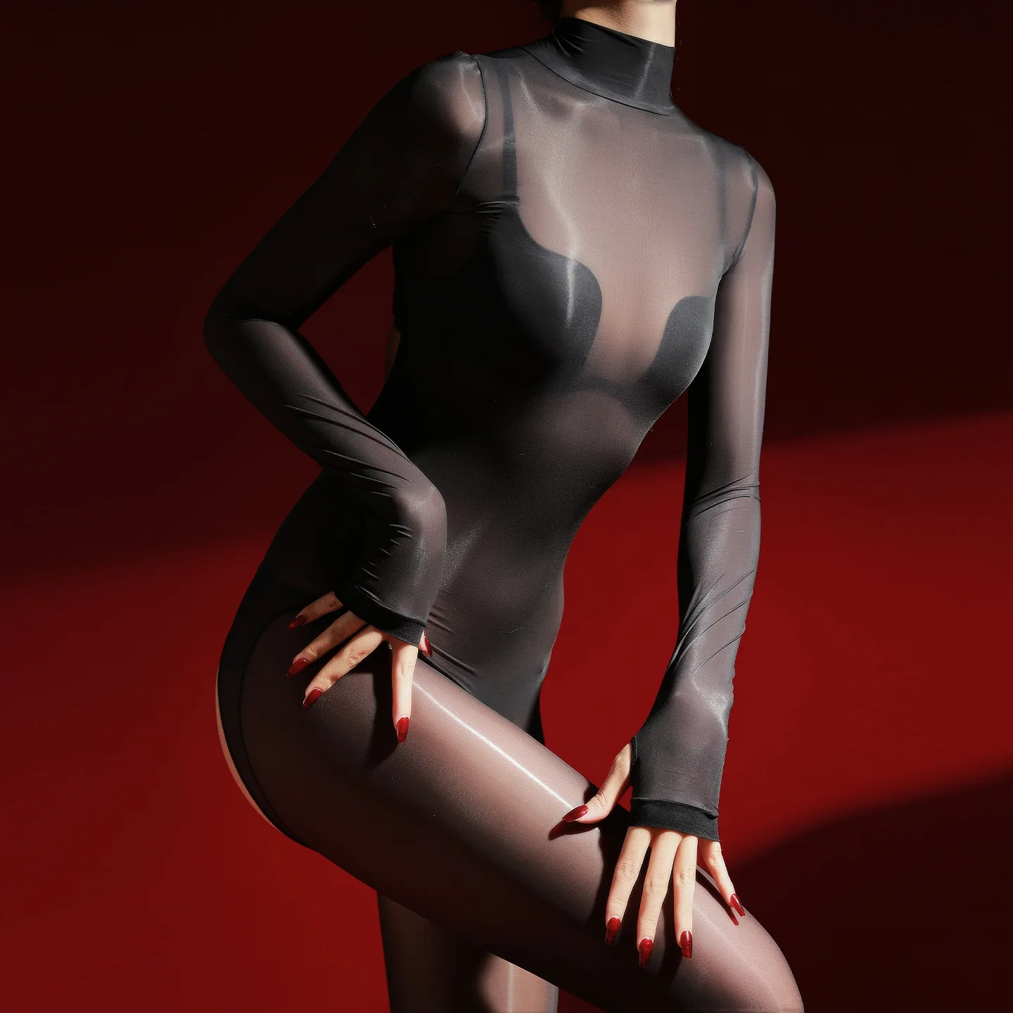 

Sexy Skin-tight One-piece Suit High Collar Men's Open Crotch iny Nylon woman Bodysuit Ultra-thin Low Waist ort Pants
