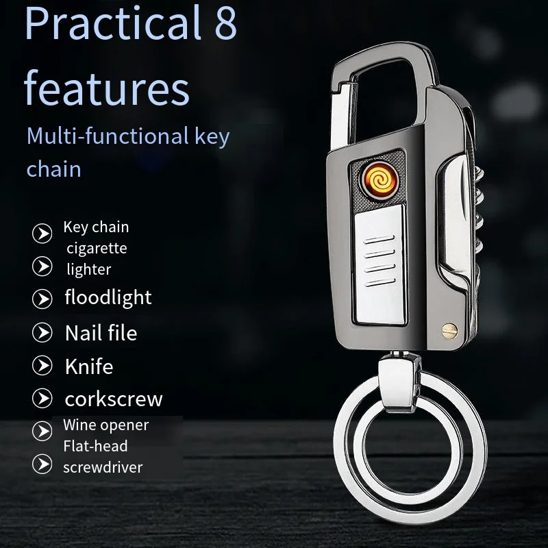 Key Chain Multi-Functional Flashlight Electronic Tungsten Metal Windproof Lighter USB Rechargeable Cigarette Lighter Men\'s Gift