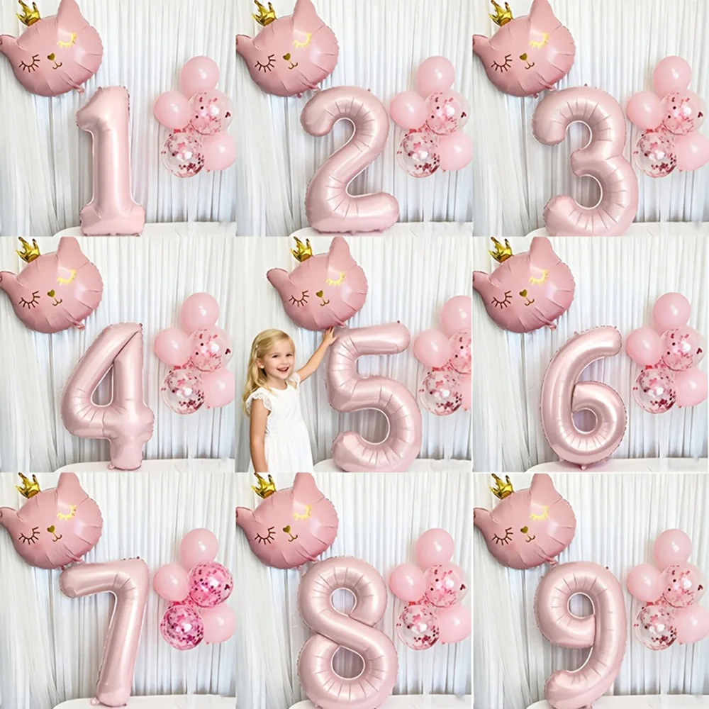40 Zoll kleine Katze rosa digitale Ballonbündel Kinder erster Geburtstag Party Dekoration Krone Katze Aluminiumfolie Ballonzubehör