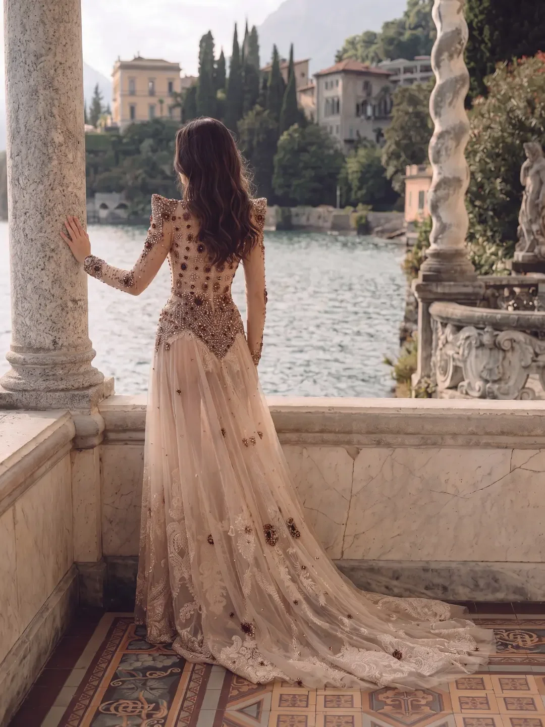 Customized All Over Brown Rhinestone Mother Of The Bride Gown Nude Mesh High Neck Shoulder Pad Lace Flowy Long Evening Gown