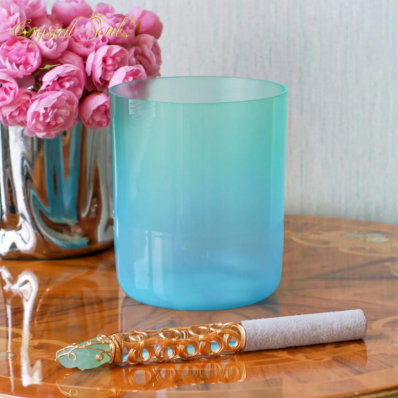 

CrystalSoul 432Hz Pink Ocean Powder Blue Gradient clear Alchemy Crystal Bowl with accessories