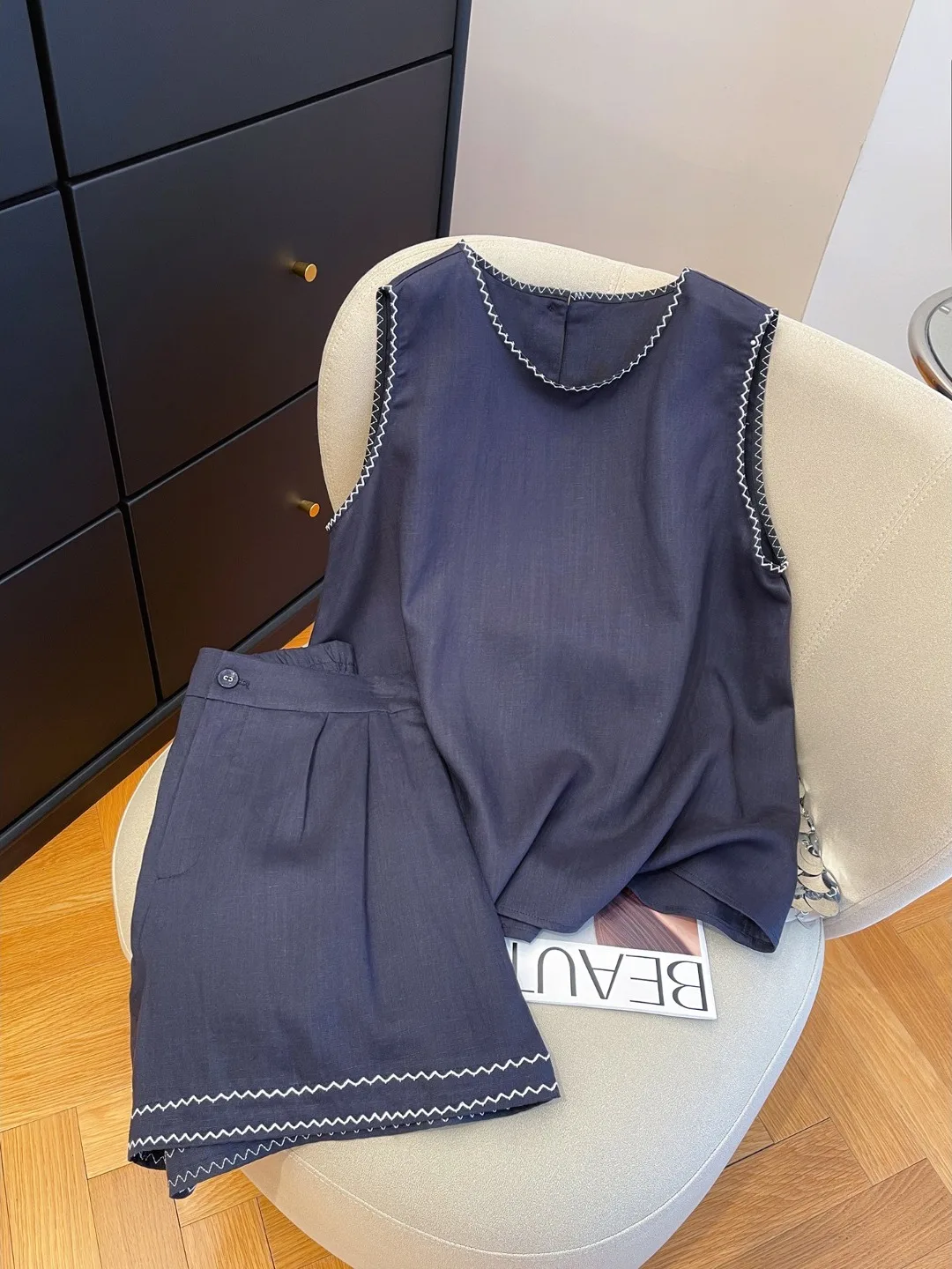 

Смачный свободный летний наряд для похудения, брендовый жилет Bule Svel, комплект из корейского хлопка, круглый комплект из двух предметов