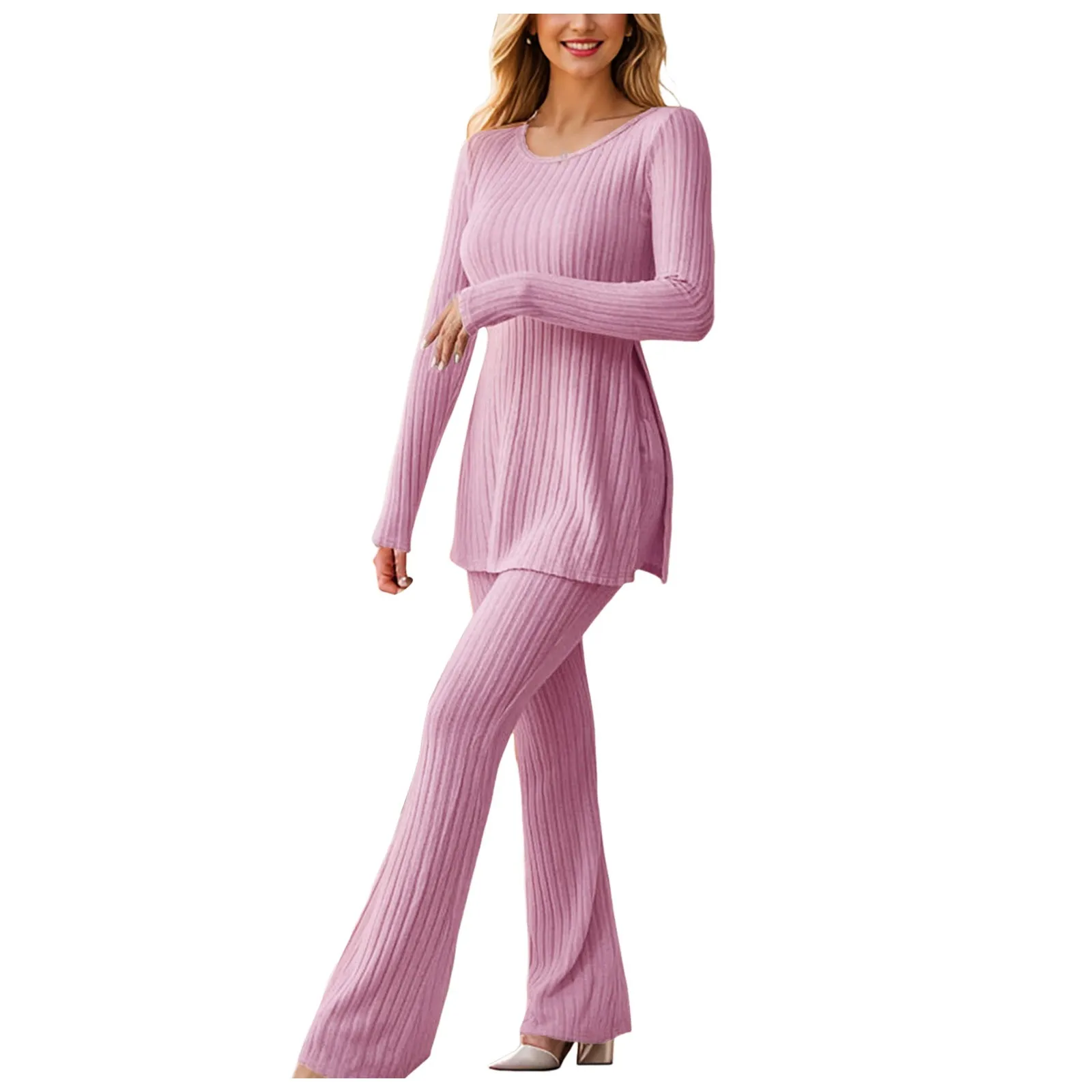 Casual Pantsuit 2024 Women Two Piece Knit Matching Outfits Crew Neck Slit Hem Design Tracksuit Sets Simple Fashion Apparel