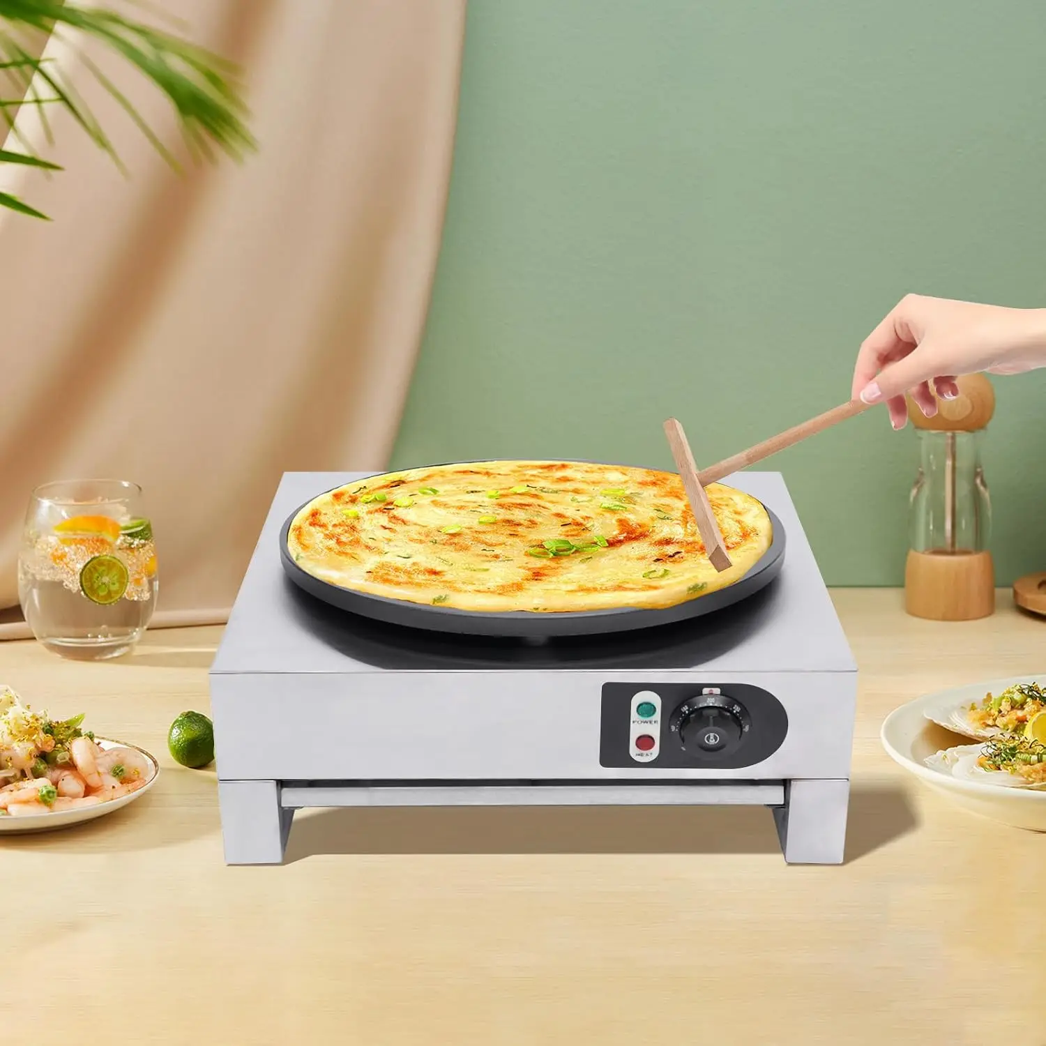 Máquina para hacer crepes eléctrica de 1500W, máquina para hacer tortitas antiadherente comercial de 16 pulgadas, plancha automática para hacer tortitas, temperatura ajustable