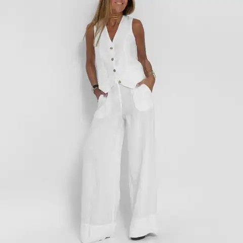 Autumn White Linen Two Piece Set For Women 2023 Fashion Sleeveless Tank Top New In Matching High Waist Wide Pants Set