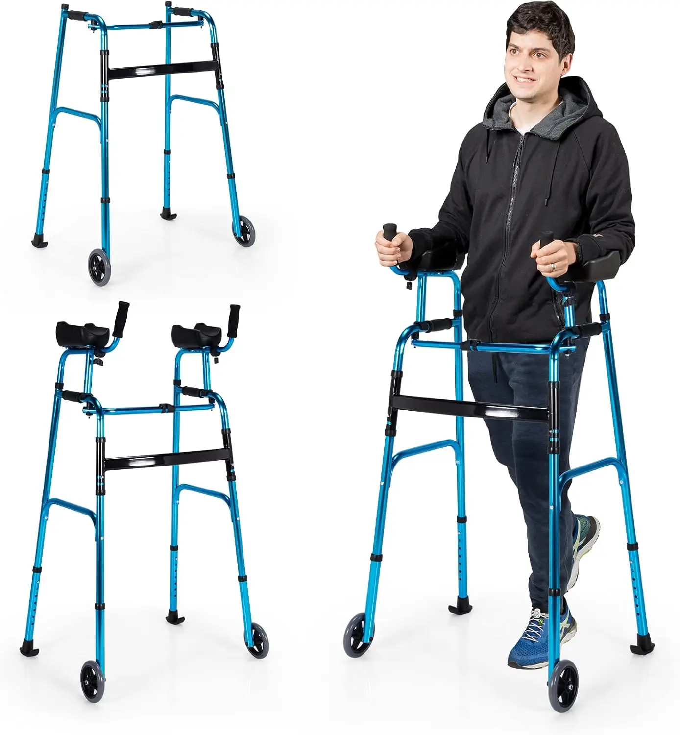 Foldable Standard Walker with 5'' Wheels, Removable Padded Armrests, 7-Level Height & 4-Level Arm Rest Adjustment, Lightweight Aluminum Alloy, 220 lbs Capacity