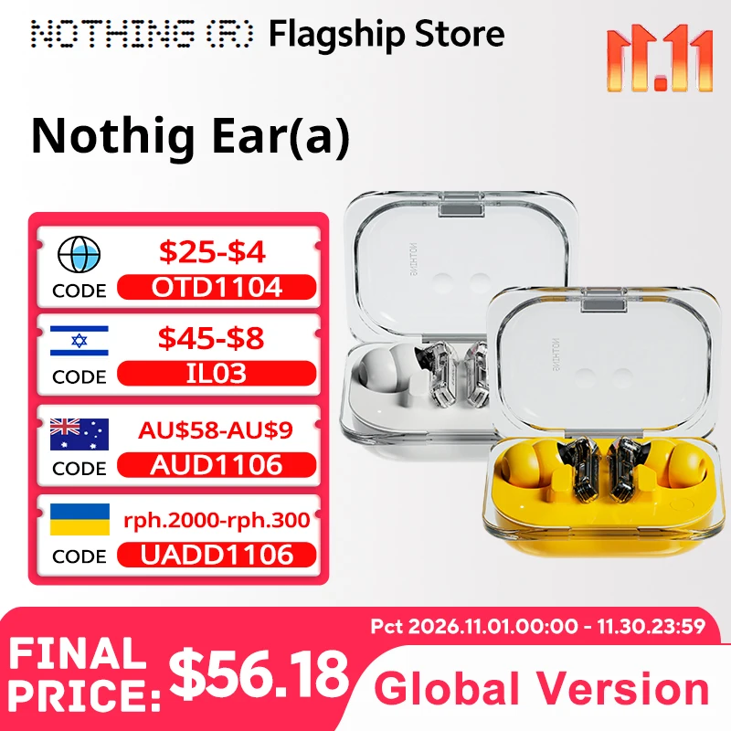 Global Version Nothing Ear (a) Bluetooth Earphone  45dB Active Noise Cancelling ANC Dynamic 42.5 hours listening Fashion Design
