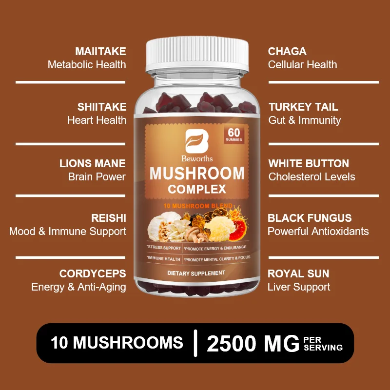 BEWORTHS 250mg Reishi Mushroom Gummies for Heart and Brain Health Cholesterol Levels Health Relax the brain Good Mood