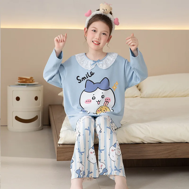 

Пижамный костюм из чистого хлопка с рисунком Chiikawa Usagi для девочек, милый женский весенне-осенний удобный милый костюм с круглым вырезом для отдыха