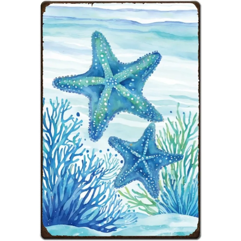 Watercolour Starfish Tin Signs Retro Blue Coral Metal Poster Iron Wall Decor Rectangle Signs for Living Room Kitchen Bars