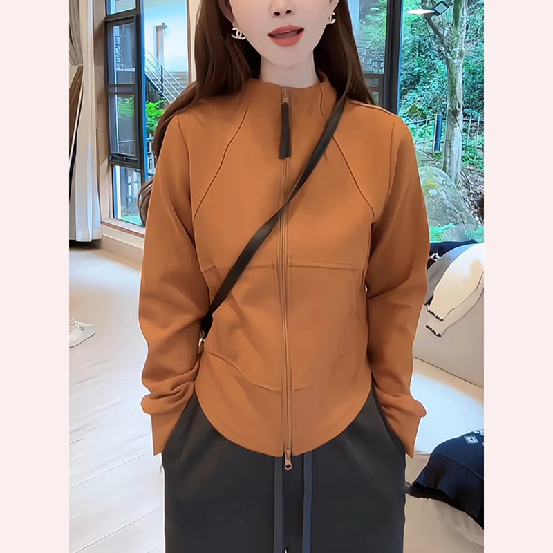 Ele Fce 라인드 후디 재킷 여성 슬림핏 따뜻한 캐주얼 스탠드 칼라 지퍼 가을 겨울 패션 아우터웨어 탑