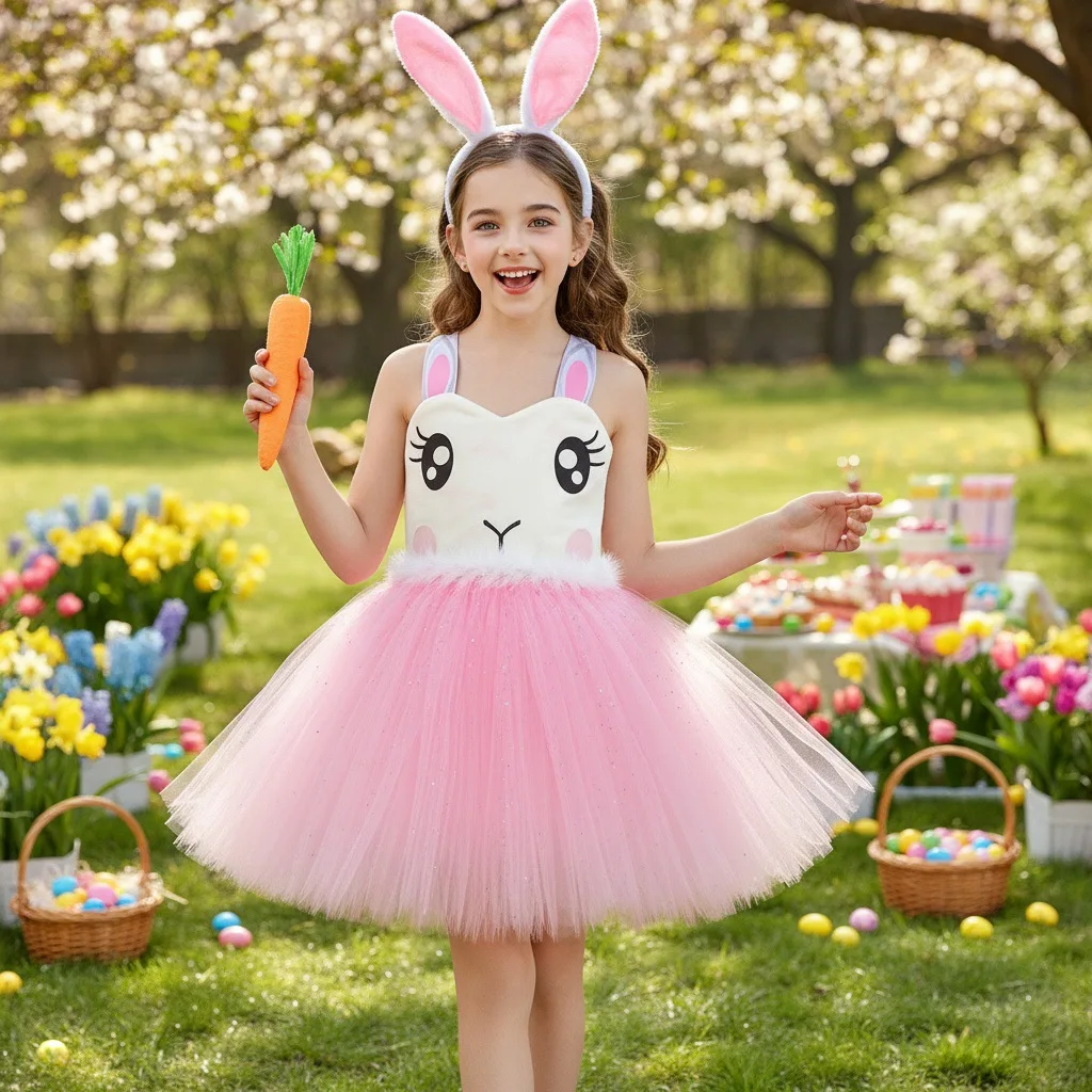 Girls Pink Bunny Tutu Dress Kids Easter Rabbit Costume with Bunny Ears Headband Carrot Prop for Birthday Party Photo Shoot Dress