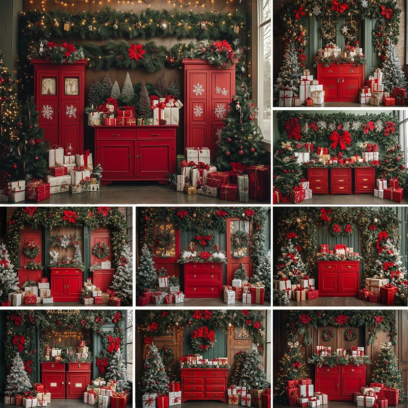 

LS Photography Background Christmas Vintage Red Cupboard Xmas Tree Kids Family Portrait Decor Backdrop Photo Studio