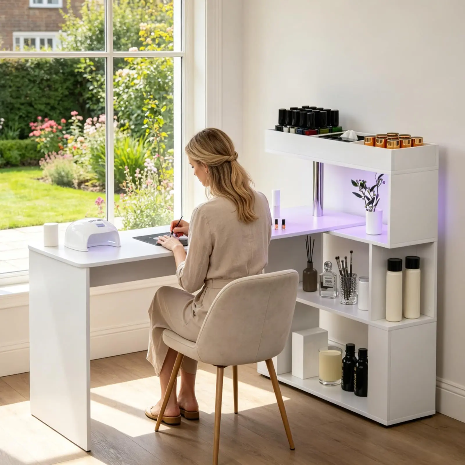 LED Manicure Table, L-Shaped Nail Tech Desk with Dust Collector, Reversible Rotating Table Built in Charging Station