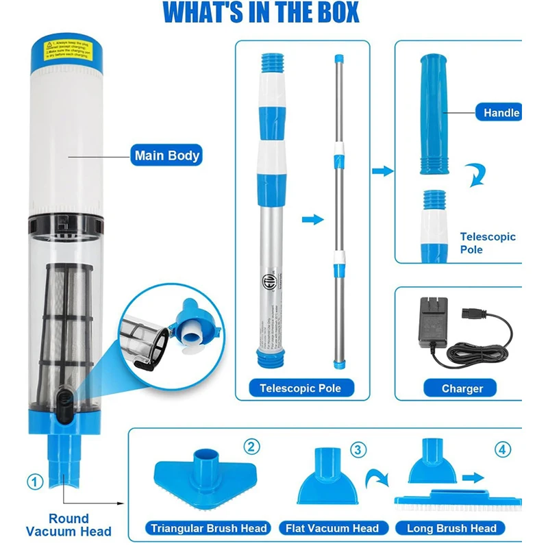 Electric Pool Vacuum Cleaner Rechargeable Handheld Pool Floor Vacuum Cordless Pool Bottom Suction Cleaner with Brush Accessories
