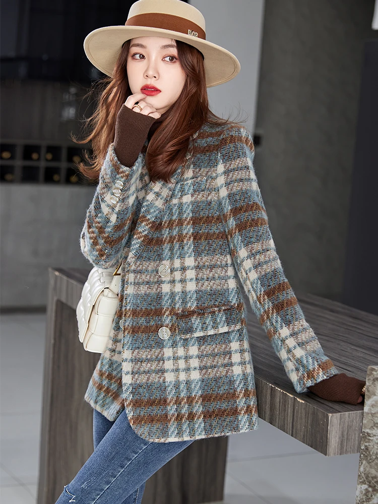 Fashion Ladies Blazer Women Blue Green Plaid Long Sleeve Female Casual Jacket For Autumn Winter