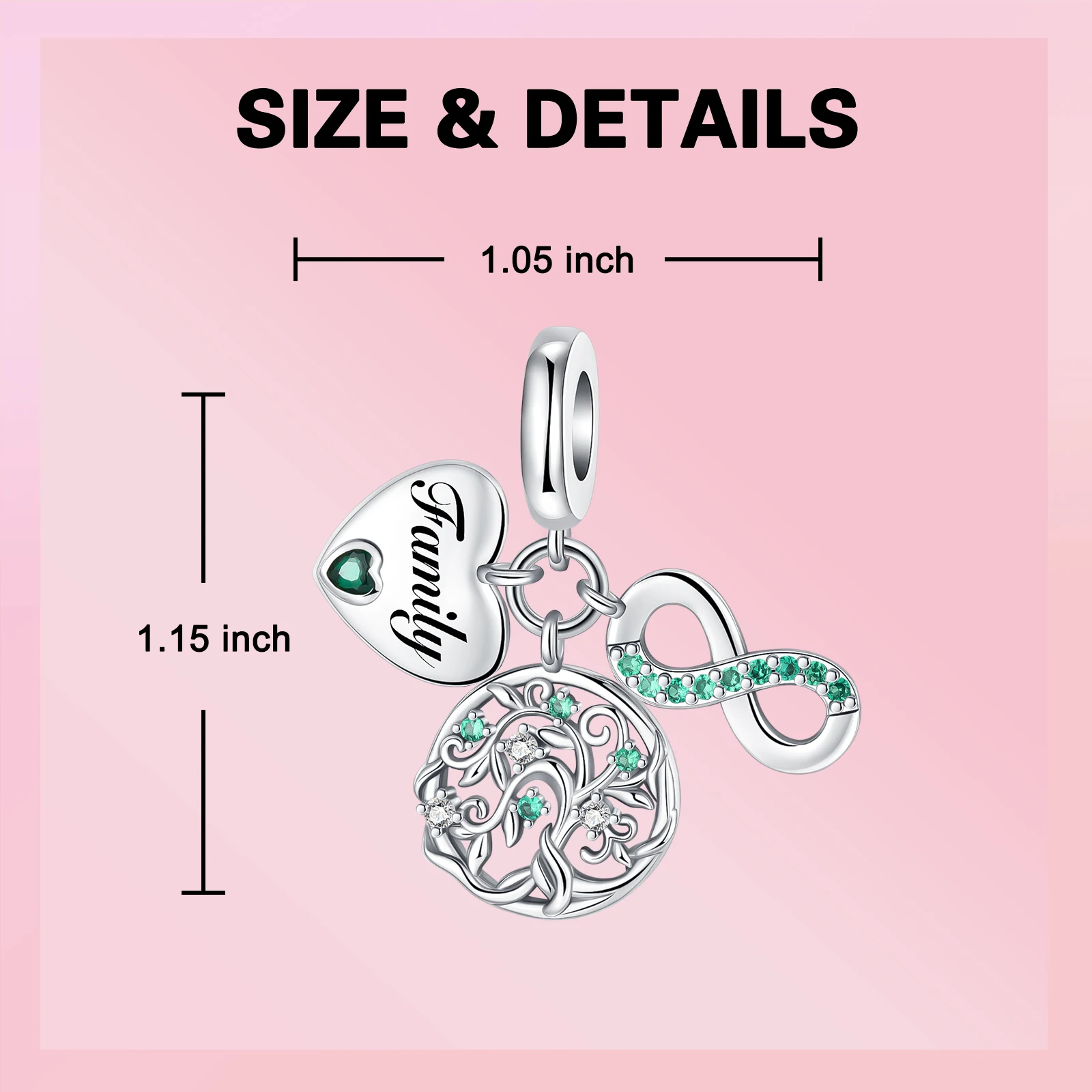 925 Sterling Silver Family Triple Dangle Charm Heart Life Tree Infinity Symbol Pendant Fit Bracelet Family Love DIY Jewelry Gift