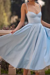 Women's Printed V-Neck Off-Shoulder Dress 2025 Summer Spring Pleated Suspender A-Line Sundress Cocktail Swing Dress in Blue