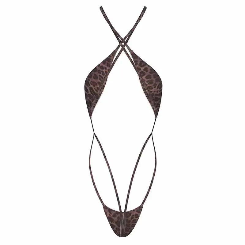 Y2K Hollow Design Spice Girl Leopard Halter Bodysuit Cross Thin Strap Backless High‑Cut Sexy Body Lingerie Women's Clothes Emo view 4