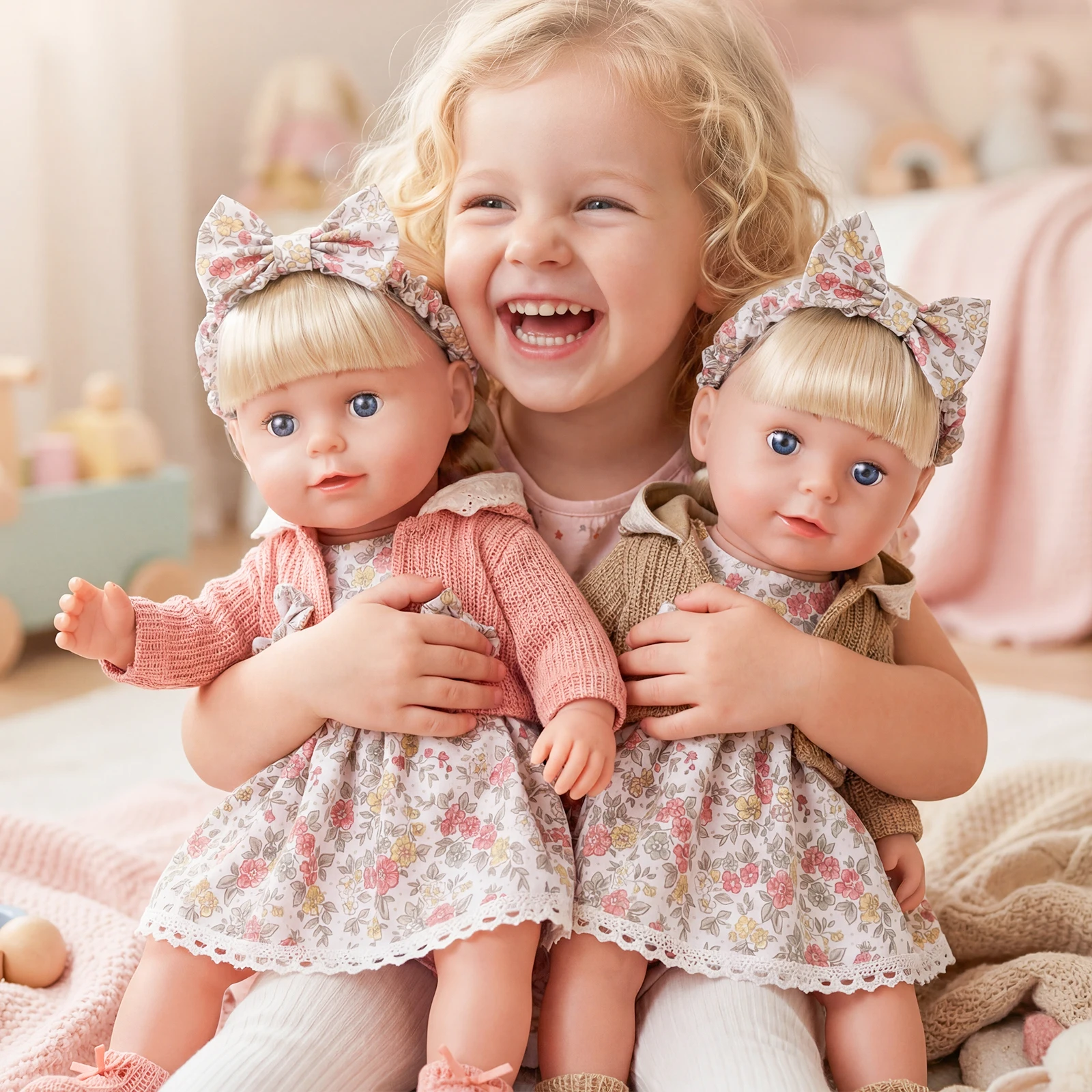 Cute Doll Clothes for 16-18 Inch Baby Doll Knitted Cardigan Floral Dress Set with Headband Socks for 40-45cm Baby Dolls Girls Gi view 6