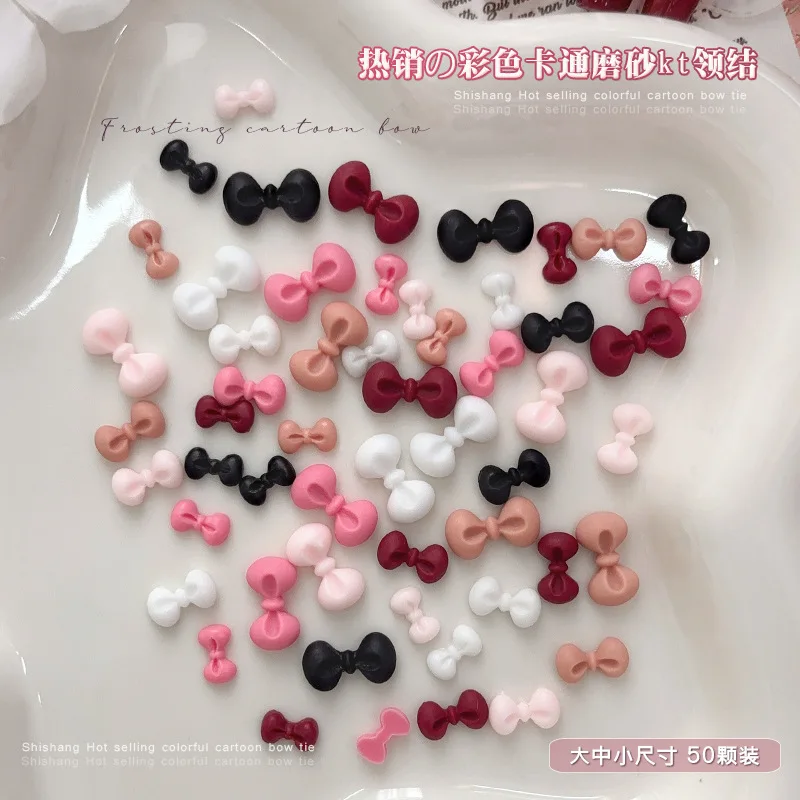 100PCS S M L Matte Pure Color Sweet Bow Tie White Black Pink Wine Red Bowknot Nail Art Rhinestones Decorations Manicure Charms