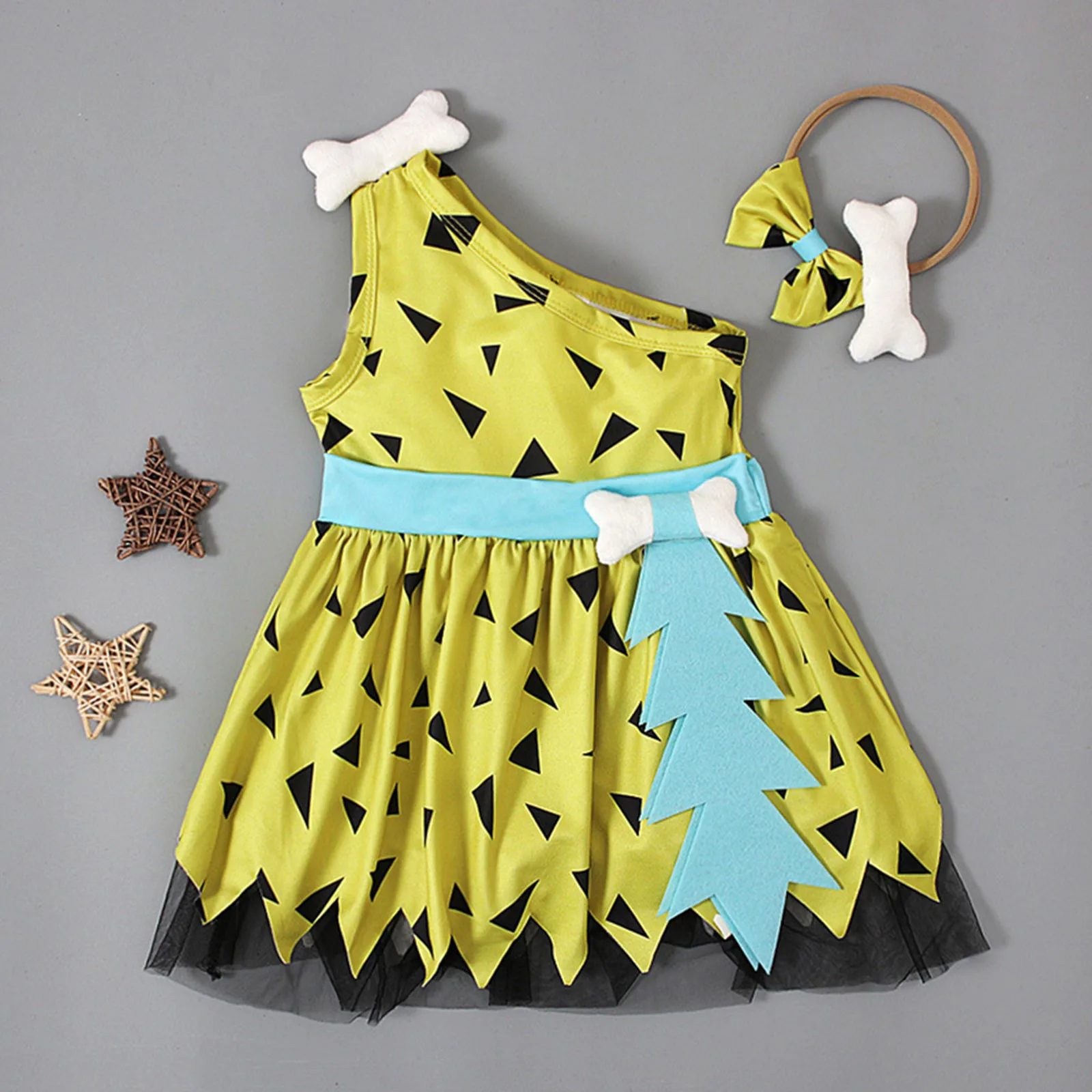 Halloween Elegant Girls Dress Toddler Kids Caveman Costume Dog Bones Historical Cavegirl Mesh Tulle Princess Dress Party Outfits