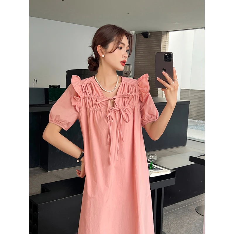 

Korean Style Ruffled V-Neck Sweet Maternity Dress Fashion Puff Sleeve Tassel Lacing Pregnant Woman Pleated Dress Pregnancy Dress