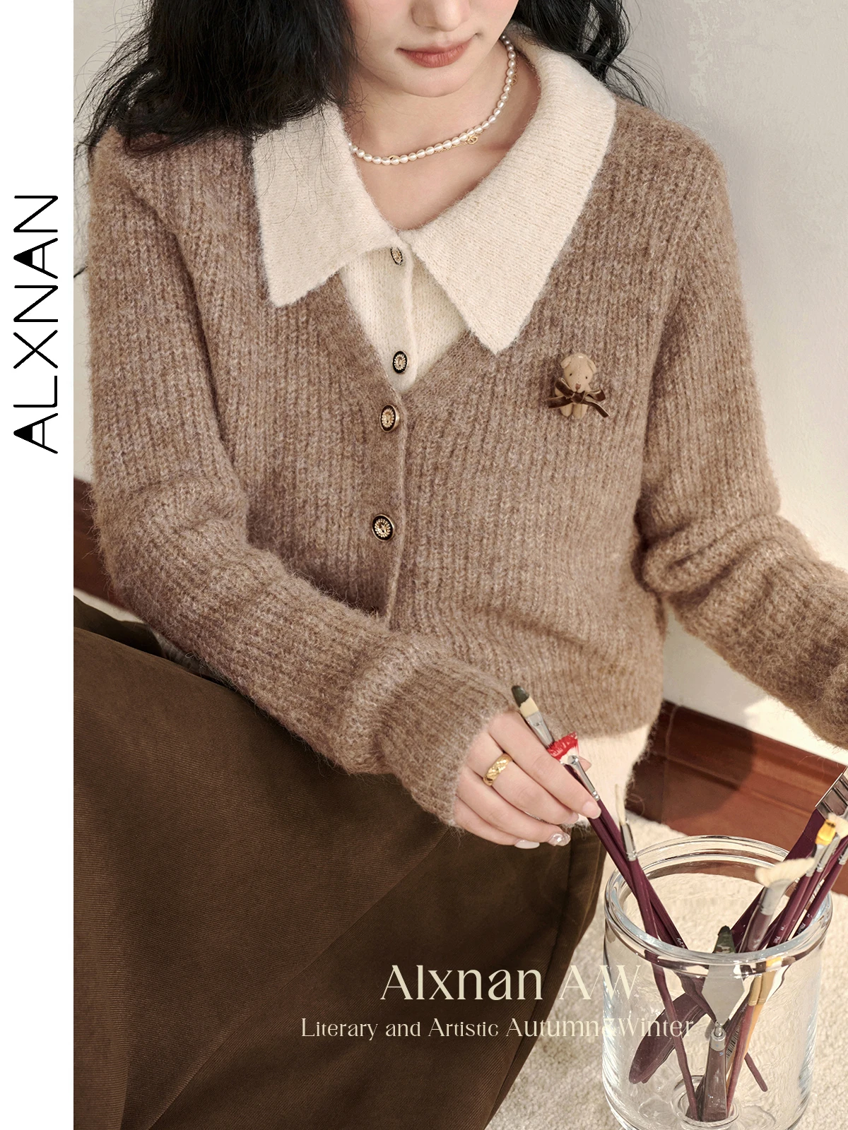 ALXNAN Plus Size 2 in 1 Cardigan con colletto polo per donna Autunno Inverno Manica lunga Tridimensionale Orso Patchwork Maglioni D07607