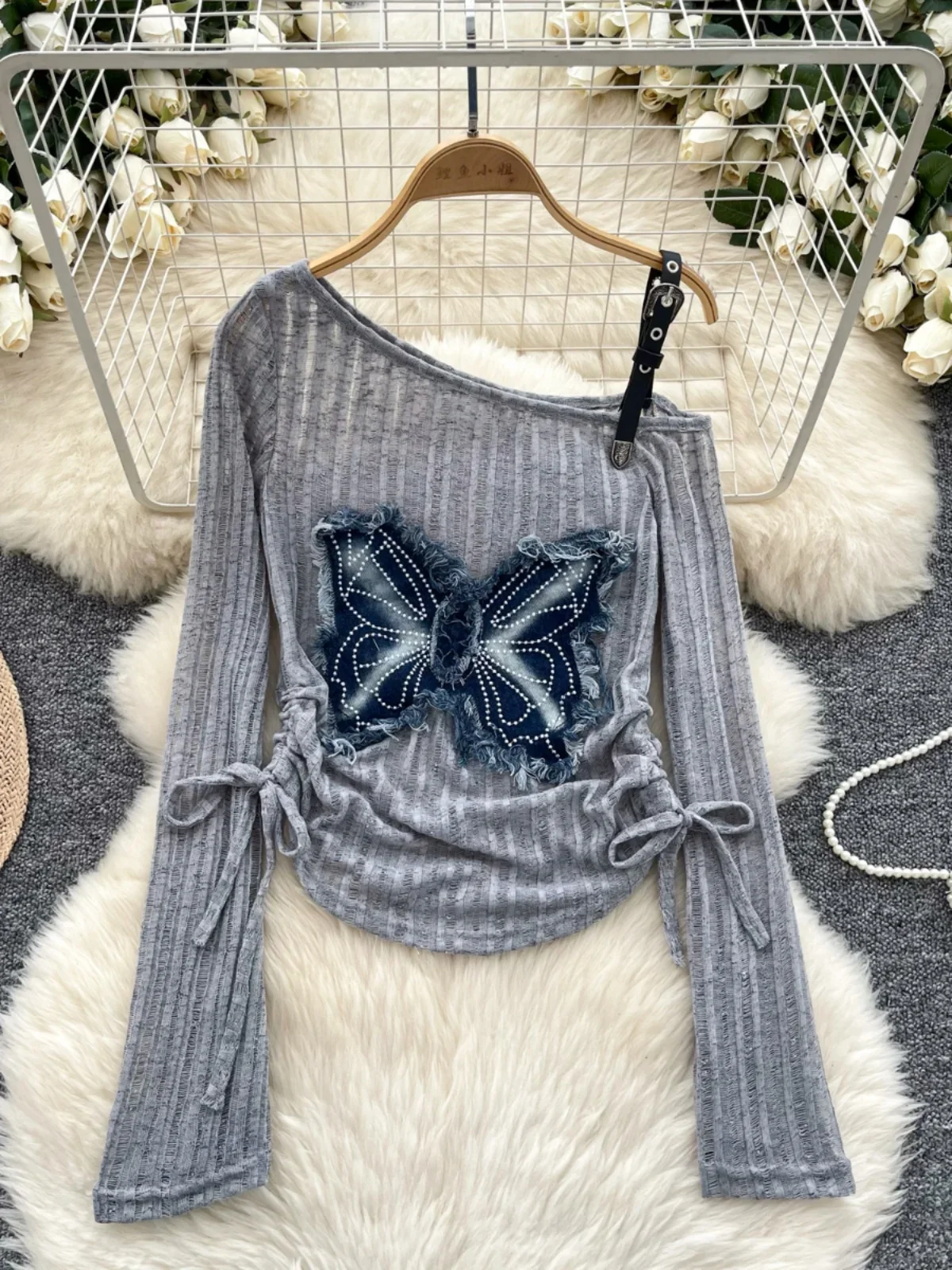 Foamlina Fashion Off-Shoulder Suspender Long Sleeve Knitted Sweater Women's Butterfly Embroidered One Side Strap Casual Top