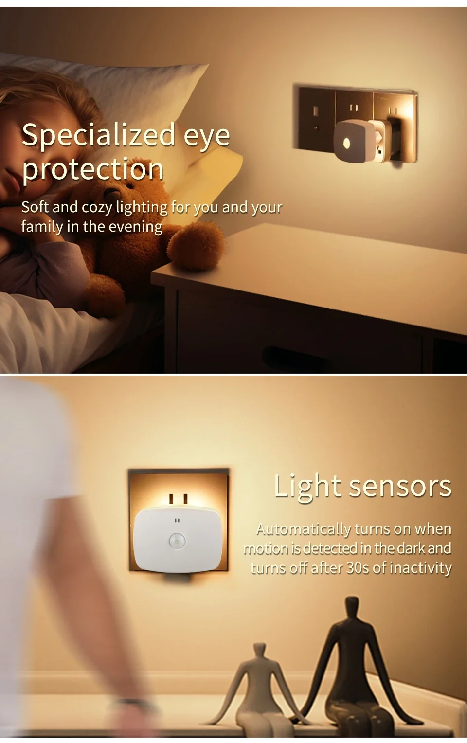 AC 110-220V Motion Sensor LED Night Lights 3 Color Dimmable Light Plug-in Model Infrared Smart Backlight Eye-Care Night Light