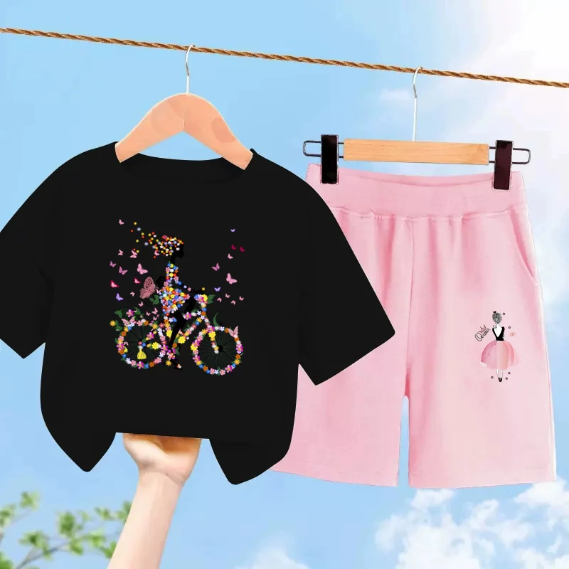 3-14T Summer Short sleeved Clothes Bike Butterfly Girls T-shirt Cotton Shorts Children Costume 2-piece Set