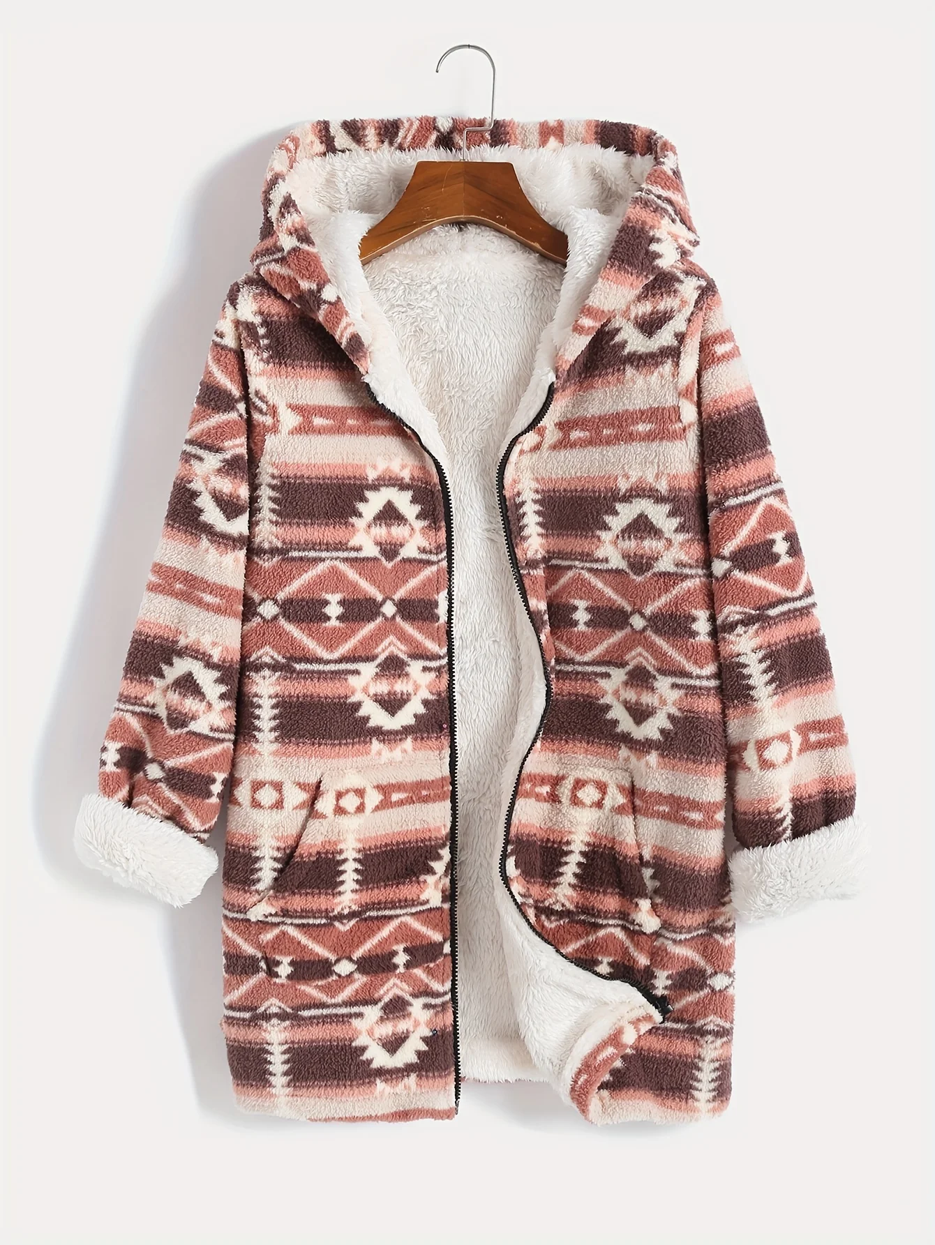 National style, European and American fashion, new printing temperament, warmth, long hooded plush coat, female