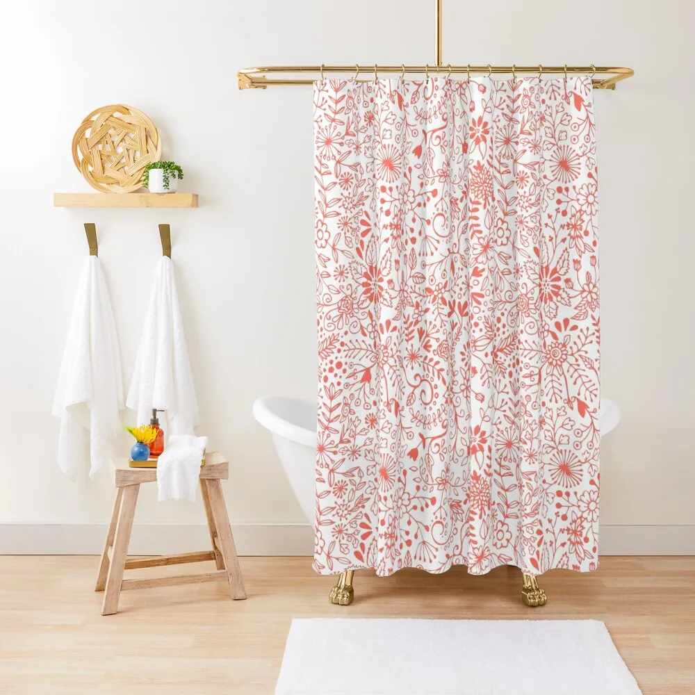 

Floral Doodle Living Coral 2 Shower Curtain Washable Waterproof Fabric Shower Anime Bathroom Curtain