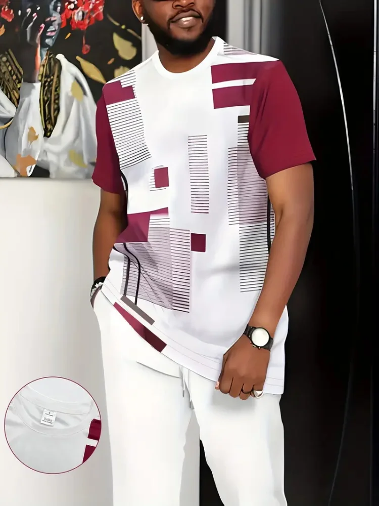 Gradient Purple Casual Men's Round-neck Short-sleeved Shirt And Casual Long Pants, Outdoor Street Fashion Men's 2pcs Autumn Set