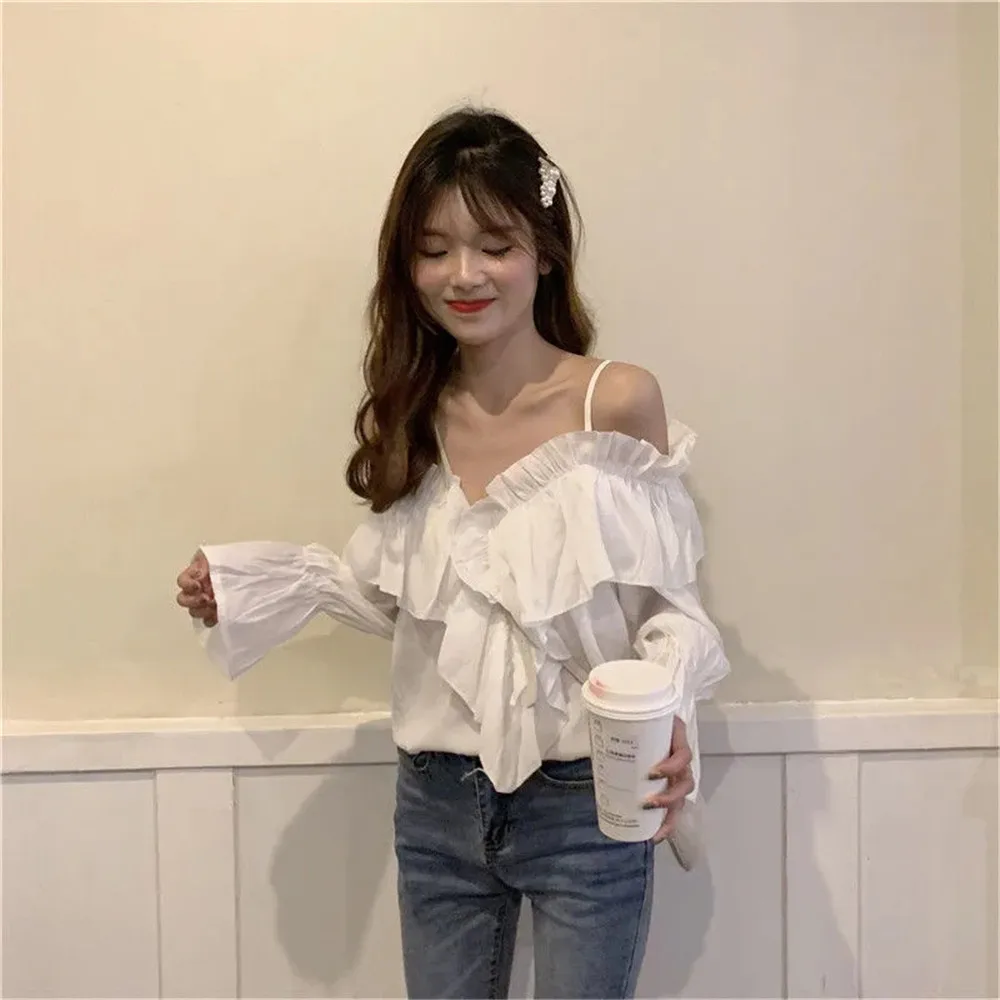 Y2K Ruffles Sexy Off Shoulder Blouses Women Party Design Stylish Ulzzang Long Sleeve Harajuku Solid All-match Soft Ins Crop Tops