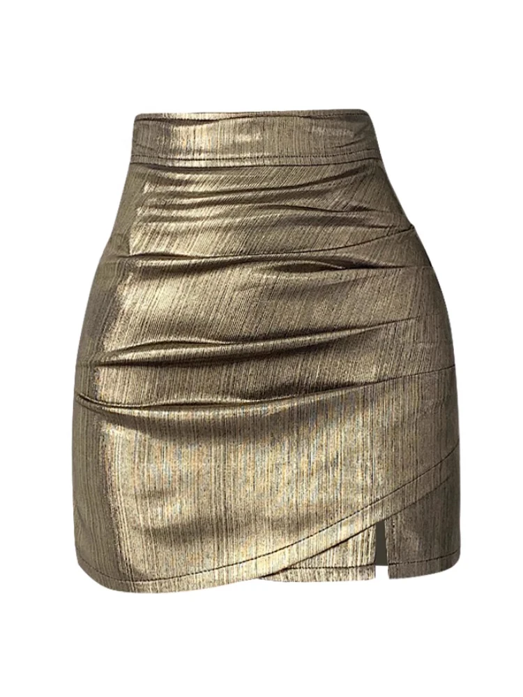 ITOOLIN Sexy Shiny Gold PU Skirts Chic Women Package Hip Bodycon Mini A-line Skirts For Women Summer Office High Waist Skirts