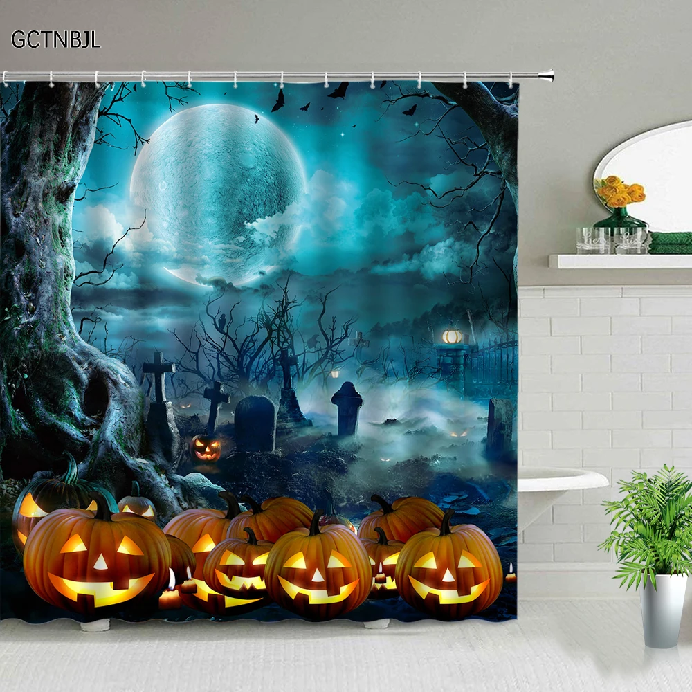 Halloween Shower Curtain fear Monthly night cemetery Tombstone Tree Pumpkin Lantern Bathroom Decor Fabric Bath Curtain Set Hooks